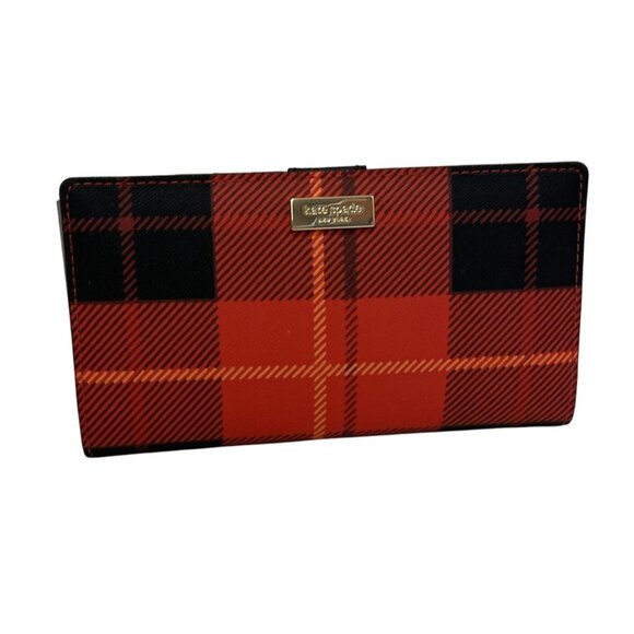 NWT Kate Spade New York Stacy Wallet Plaidred Print Red Black Leather Card Slots - Picture 1 of 5